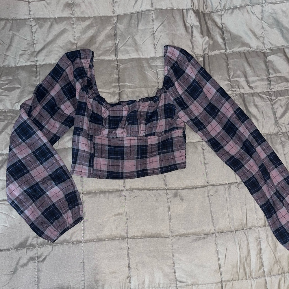 Y-2k pinkish plaid fitted long sleeve top